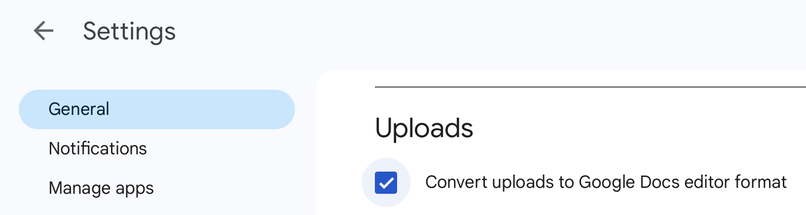 Inside your Google Drive Settings, check the box to automatically convert all uploads.