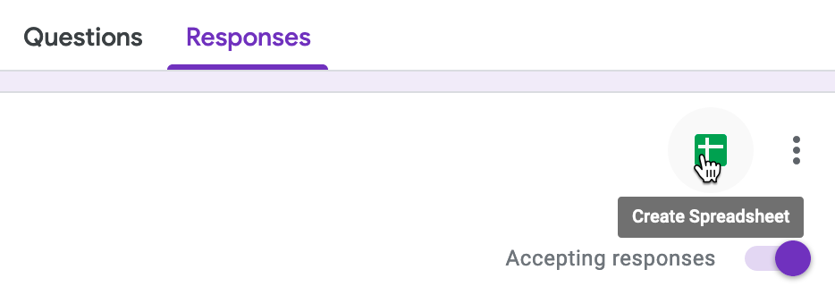 The Google Forms Responses tab includes a button to open results in a linked Google Sheet.