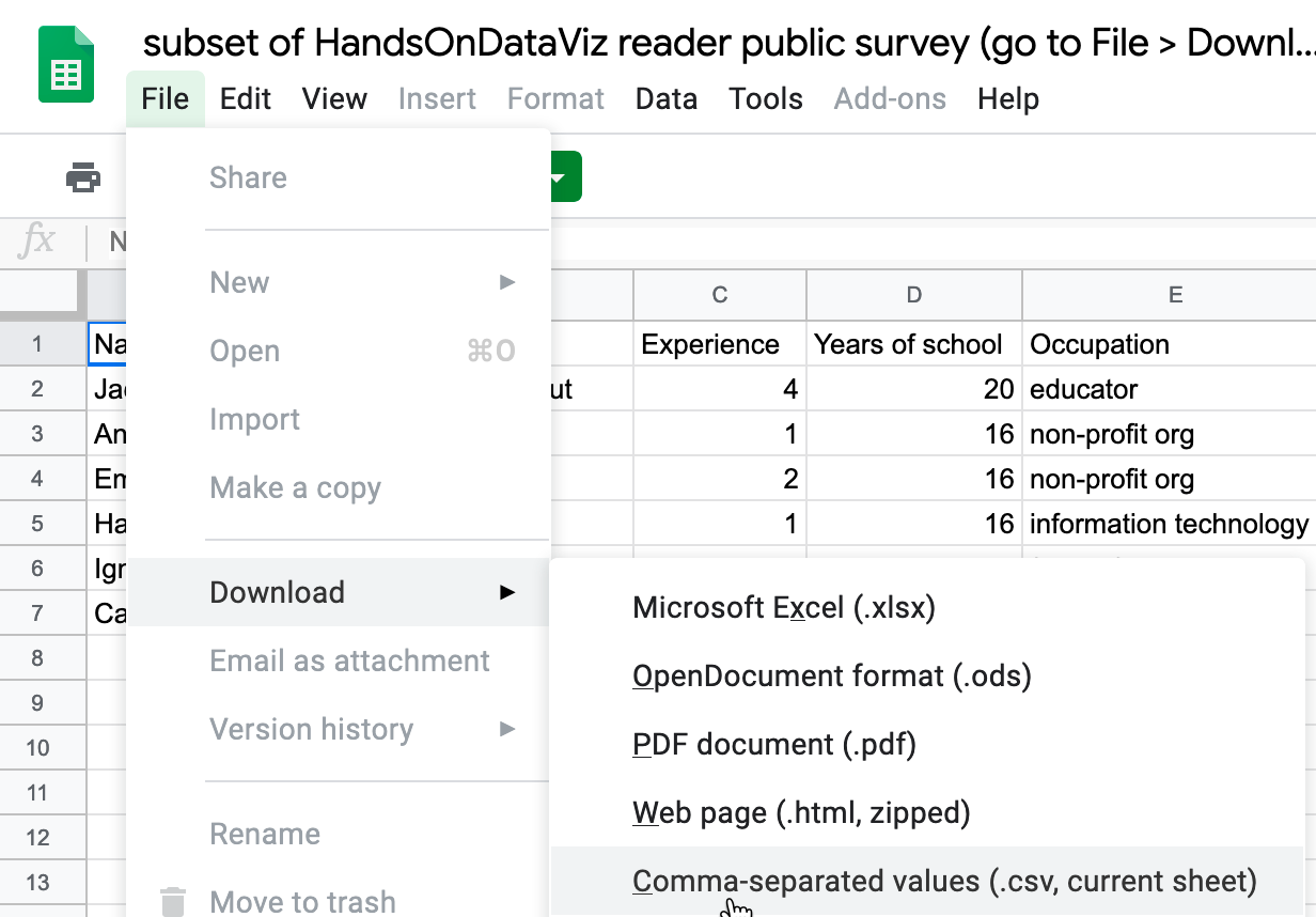 In Google Sheets, go to File - Download As to export data in several common formats.