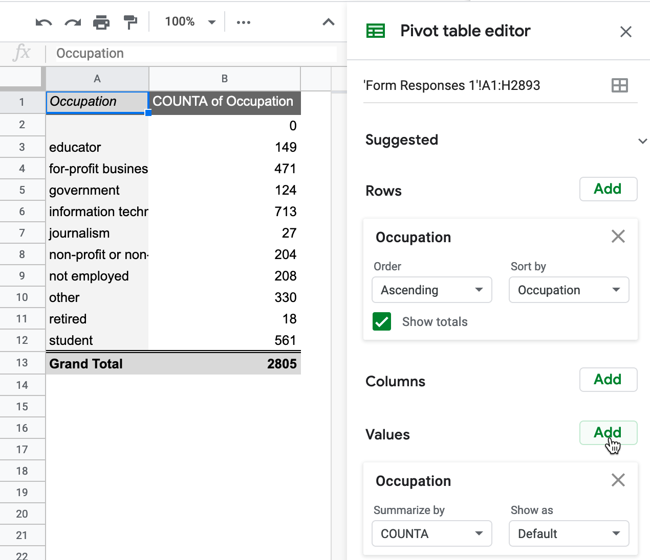 In the Pivot table editor, click the Values Add button and select Occupation.