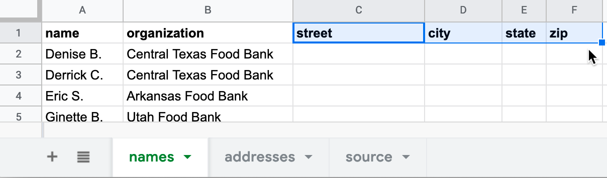 Paste the last four column headers from the addresses sheet into the names sheet.