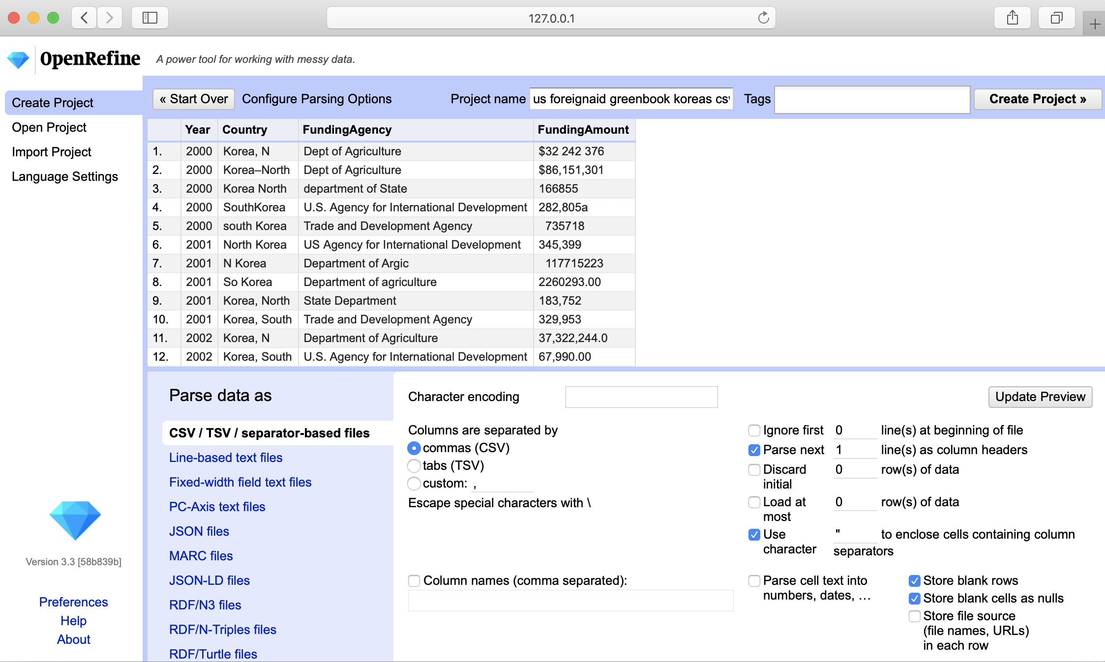 OpenRefine parsing options.