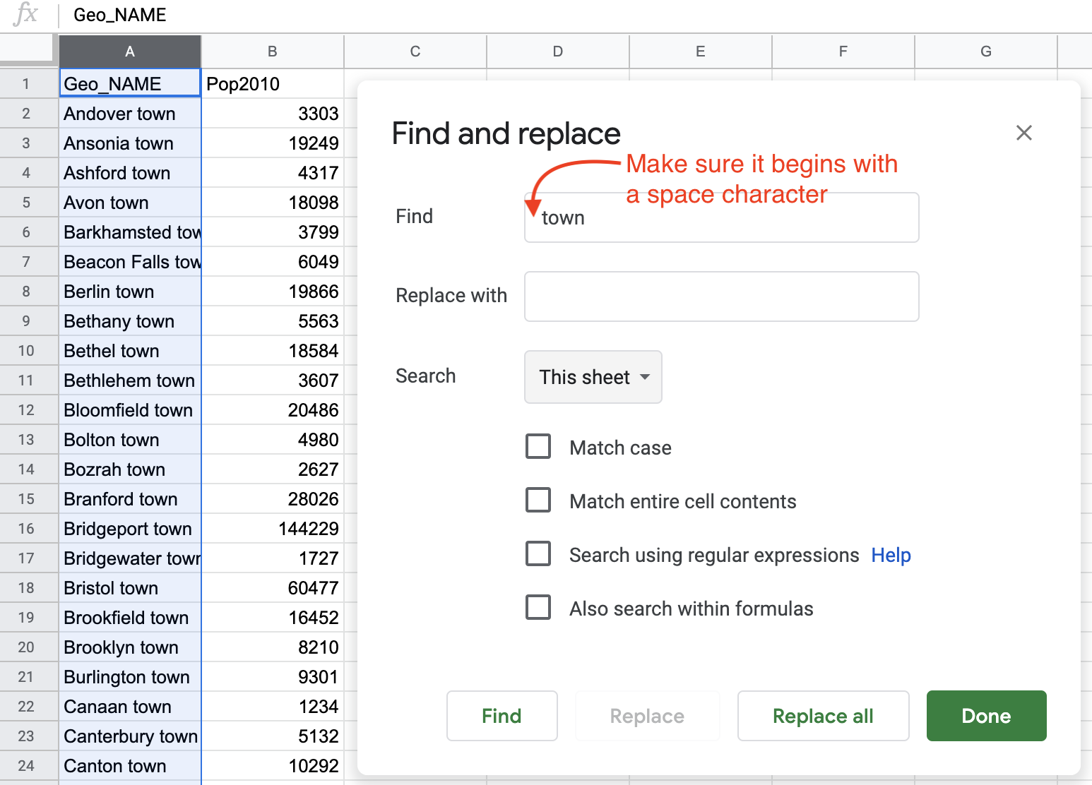 Find and Replace window in Google Sheets.