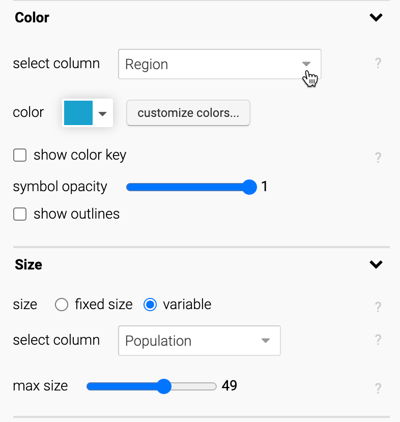 In the Visualize screen, modify the bubble colors and set size to variable.