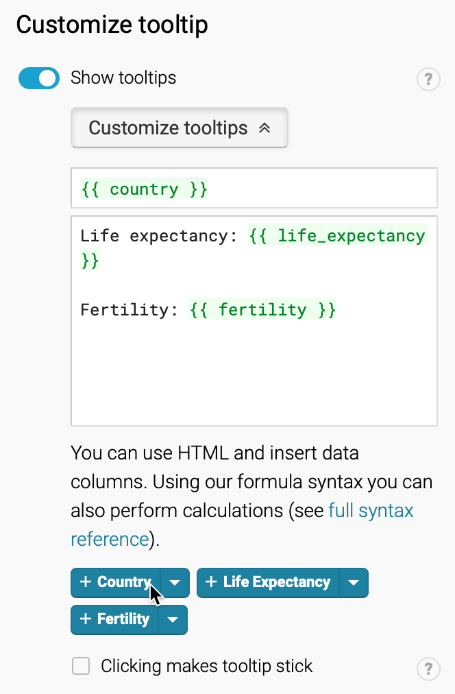 In the tooltip editor window, type and click column headers to customize the display.