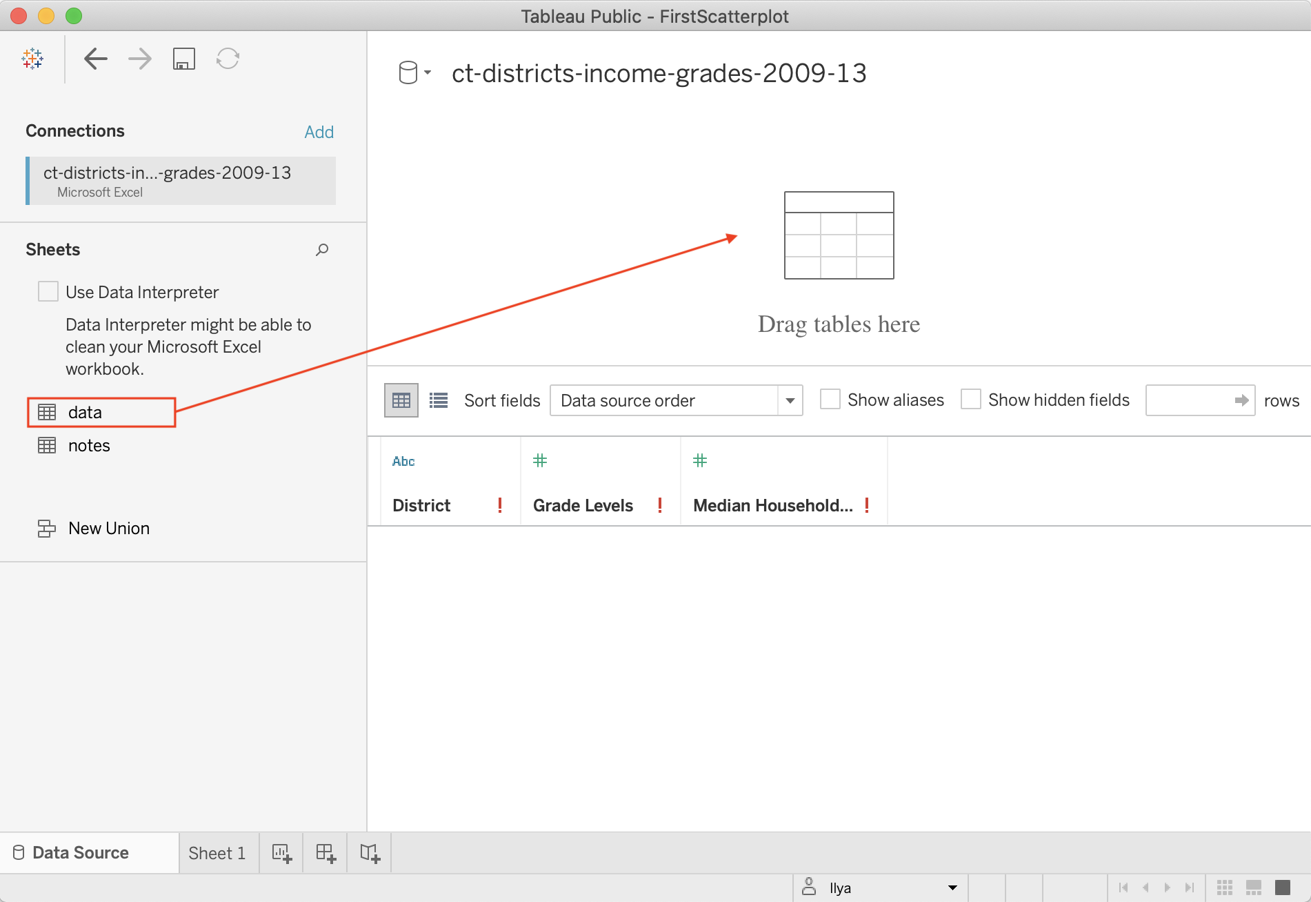 Drag data sheet into Drag tables here area.