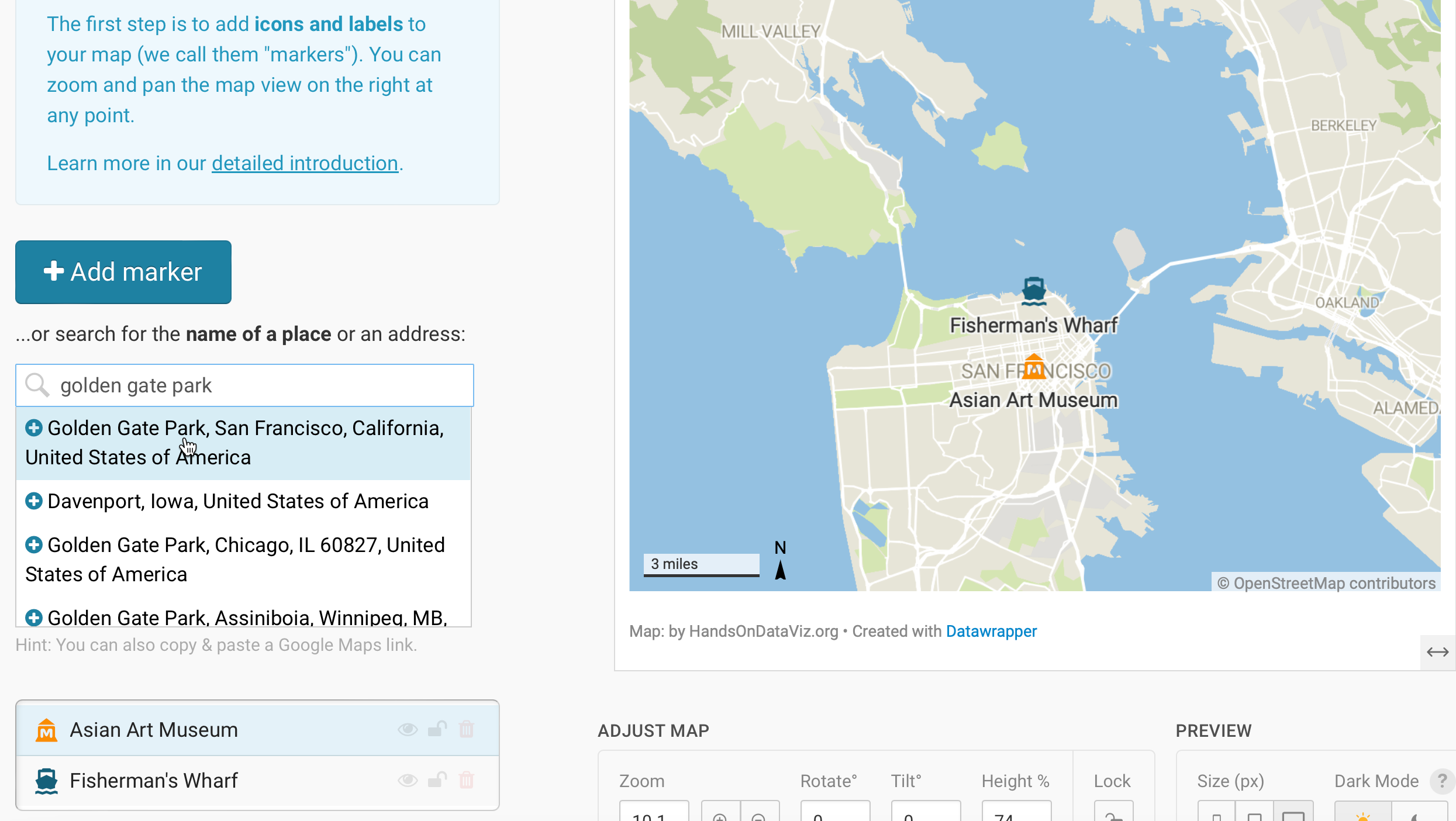 Add point markers by entering a place, address, or pasting a Google Maps link.