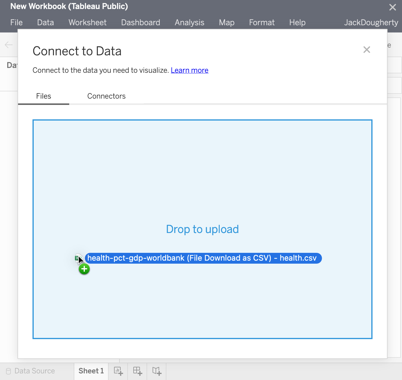 In the Connect to Data window, upload your CSV file.