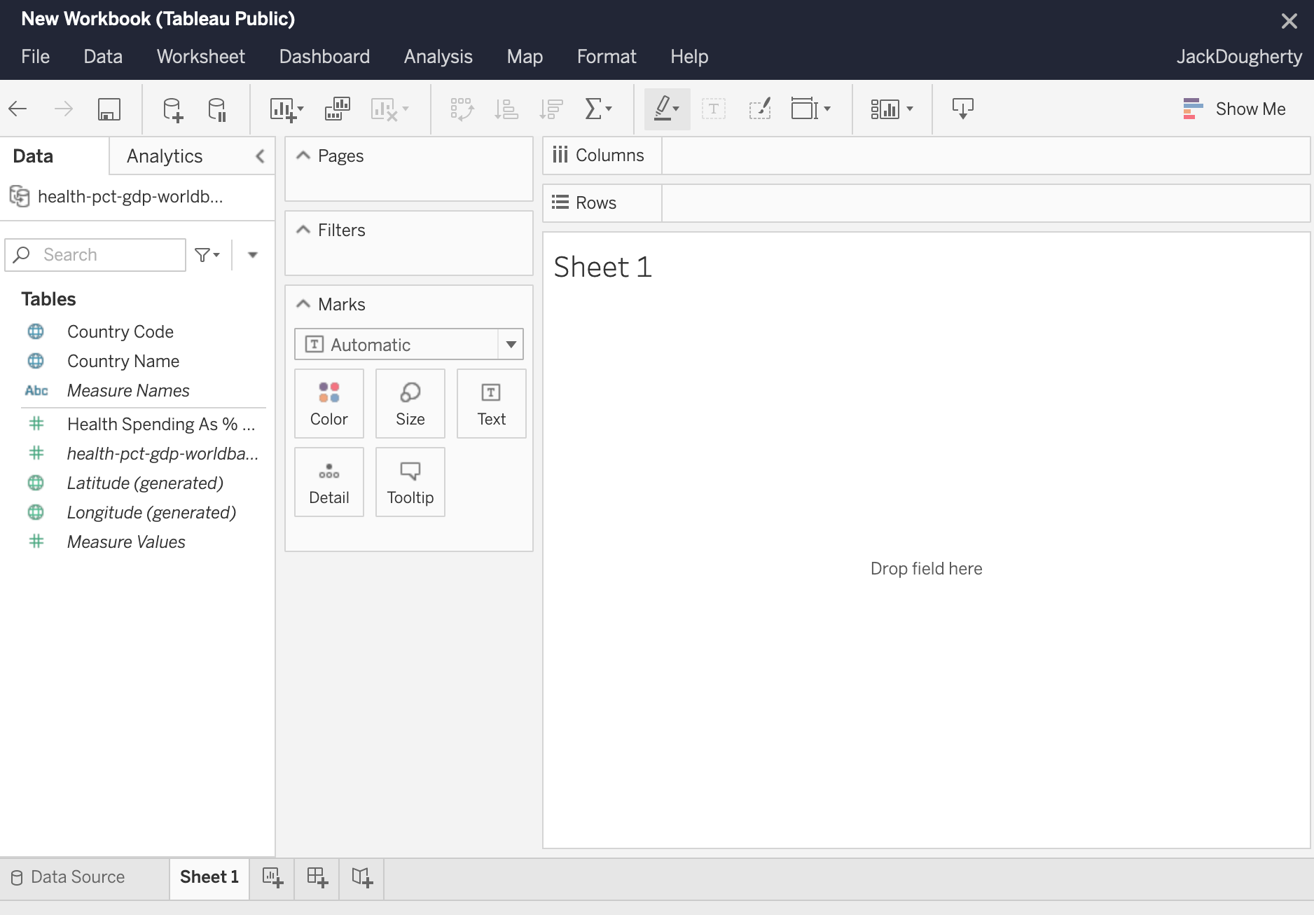 Tableau Public has uploaded your data into the left menu Tables menu in Sheet 1.