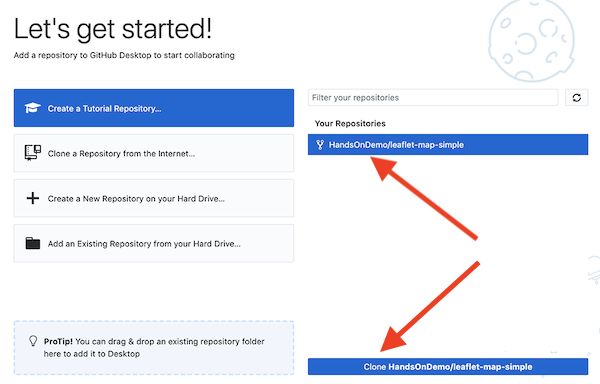 Select your leaflet-map-simple repo and click the Clone button to copy it to your local computer.