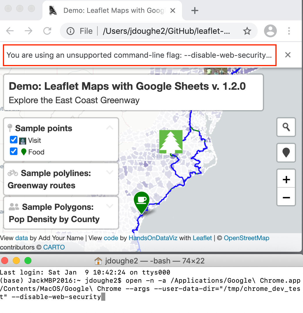 To view more complex code templates on your local computer with Chrome browser, use the Terminal application command-line (bottom window) to run a version without same-origin safety restrictions.