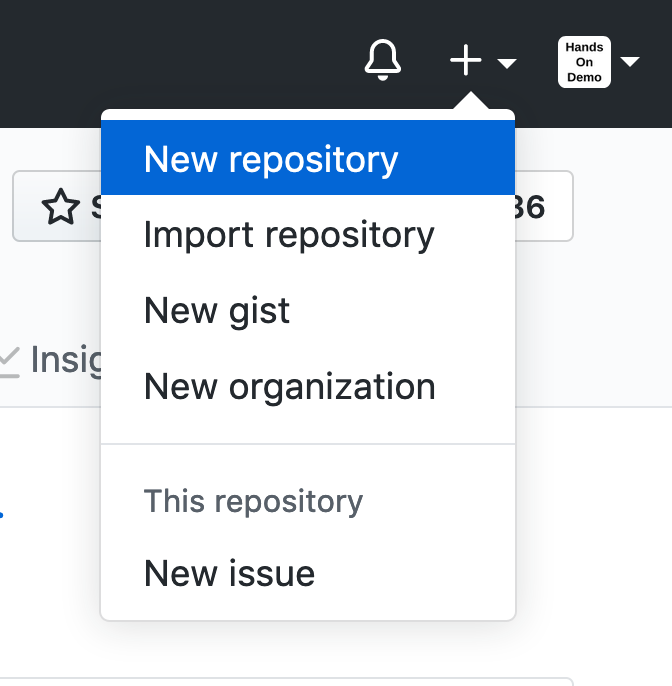 Click the plus (+) symbol in upper-right corner to create a new repo.