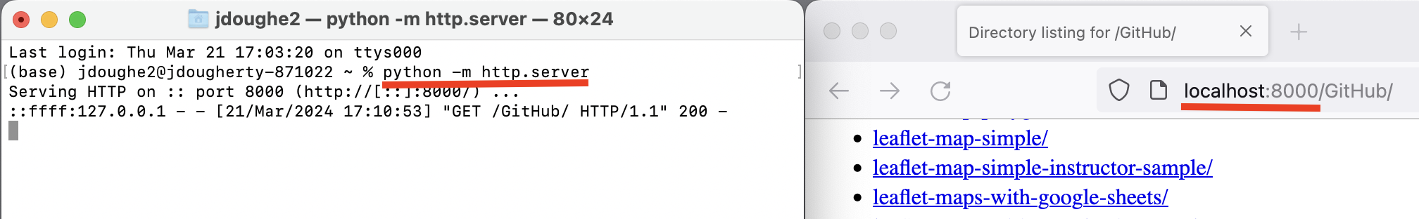 To launch a local web server to view more complex web code while you test it, type python -m http.server into Terminal (on left) and localhost:8000 into your browser (on right).