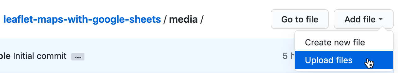 In GitHub, click to open the media folder and Add file - Upload files.