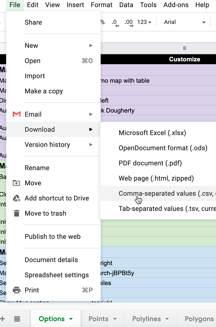 Download each Google Sheets tab as a separate CSV file.