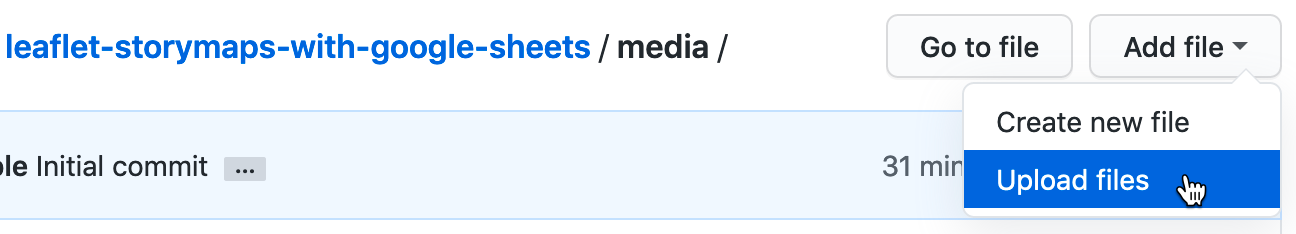 In GitHub, click to open the media folder and Add file - Upload files.