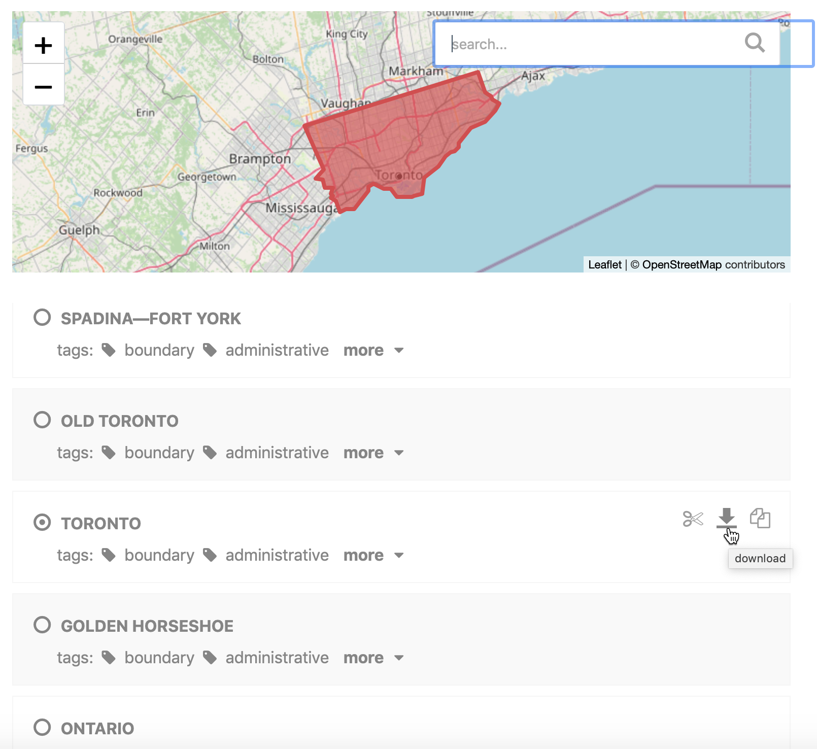 Use the Gimme Geodata tool to select a point and download surrounding geographic boundaries from Open Street Map.