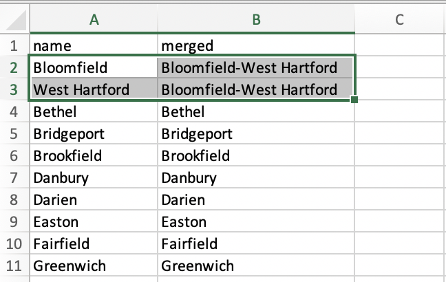 Create a two-column crosswalk of town names and their merged health districts.