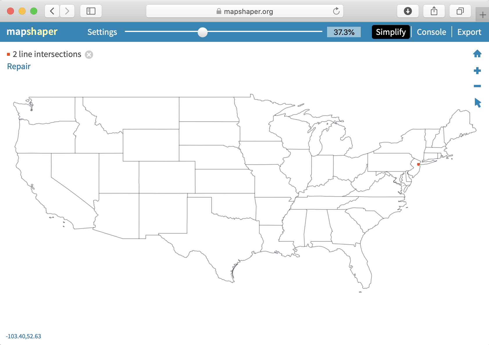 Use Simplify & Repair tools in Mapshaper.