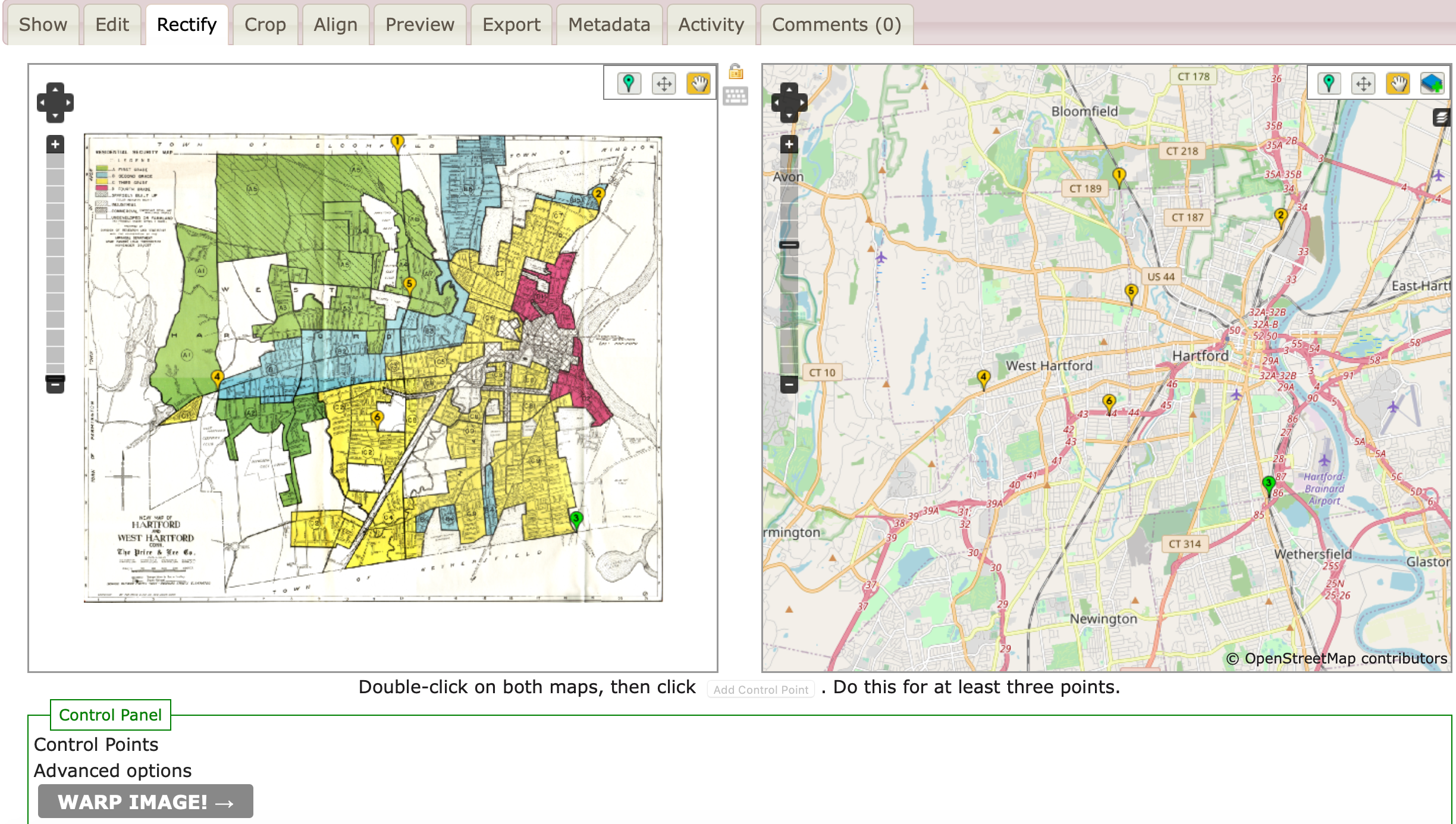 Add control points to align stable locations or landmarks between the historical map (on the right) and the modern map (on the left).