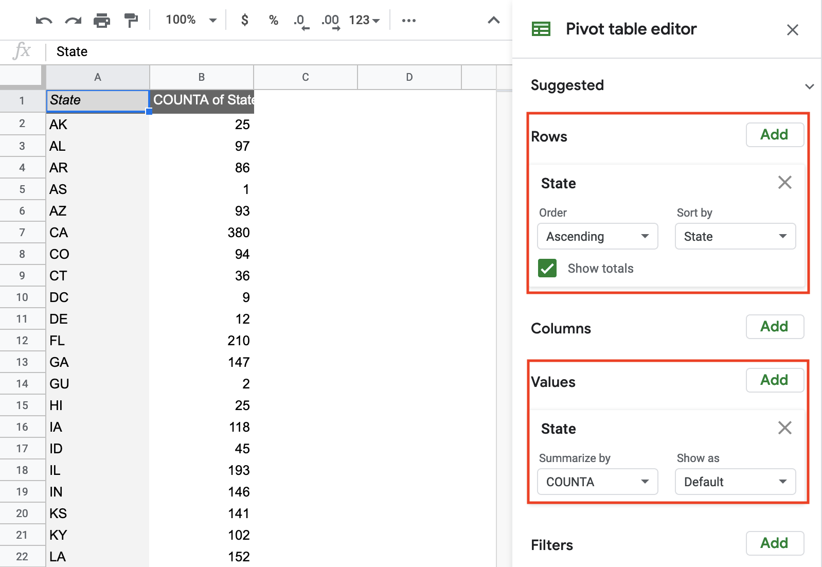 Use pivot tables in any spreadsheet software to count addresses per area (such as state, county, of zip code).